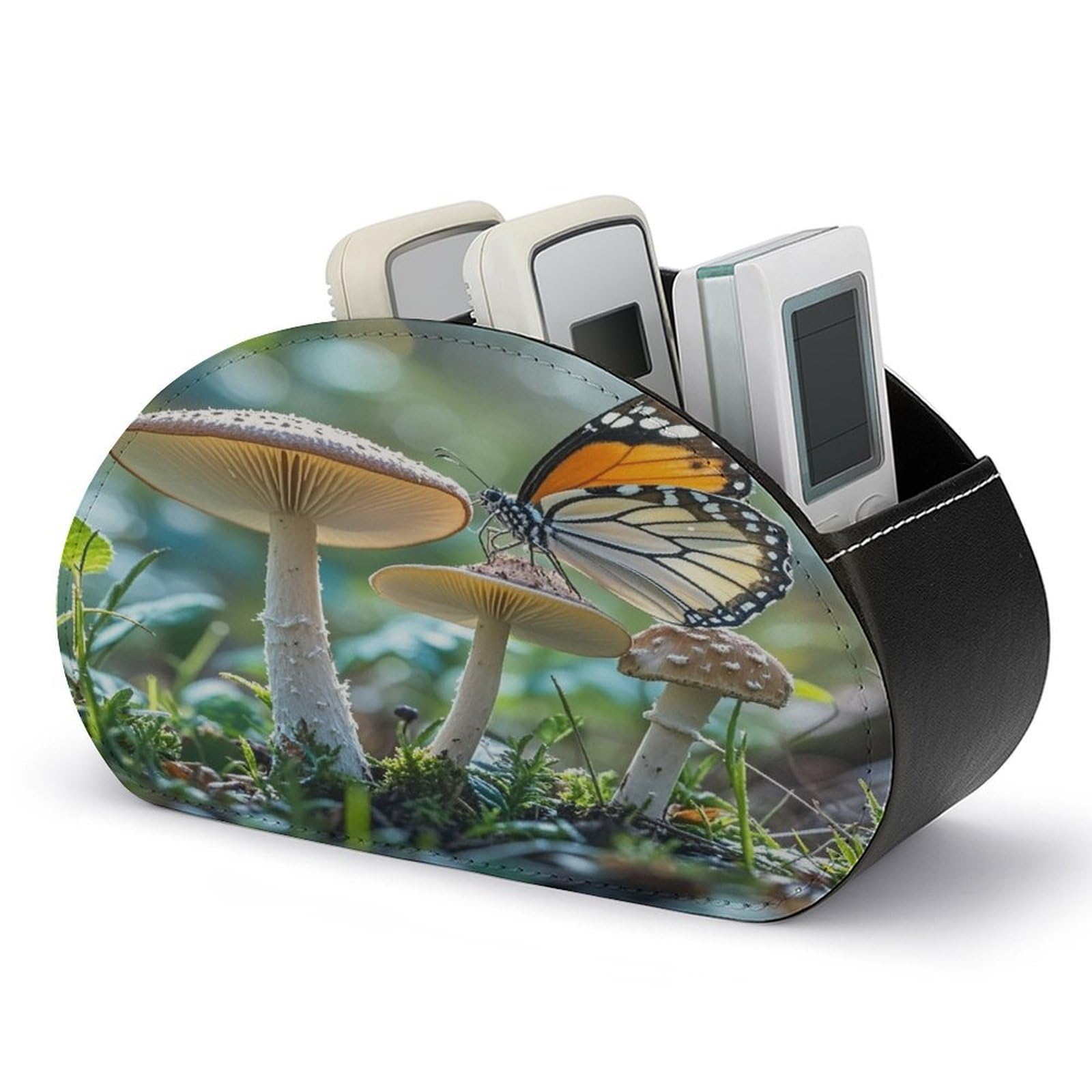 FekiLoot Butterfly Mushroom TV Remote Control Holder with 5 Compartments Multi-functional Leather Bedside Table Remote Caddy Desktop Storage Box for Store Pen Controller Media Player Cosmetic