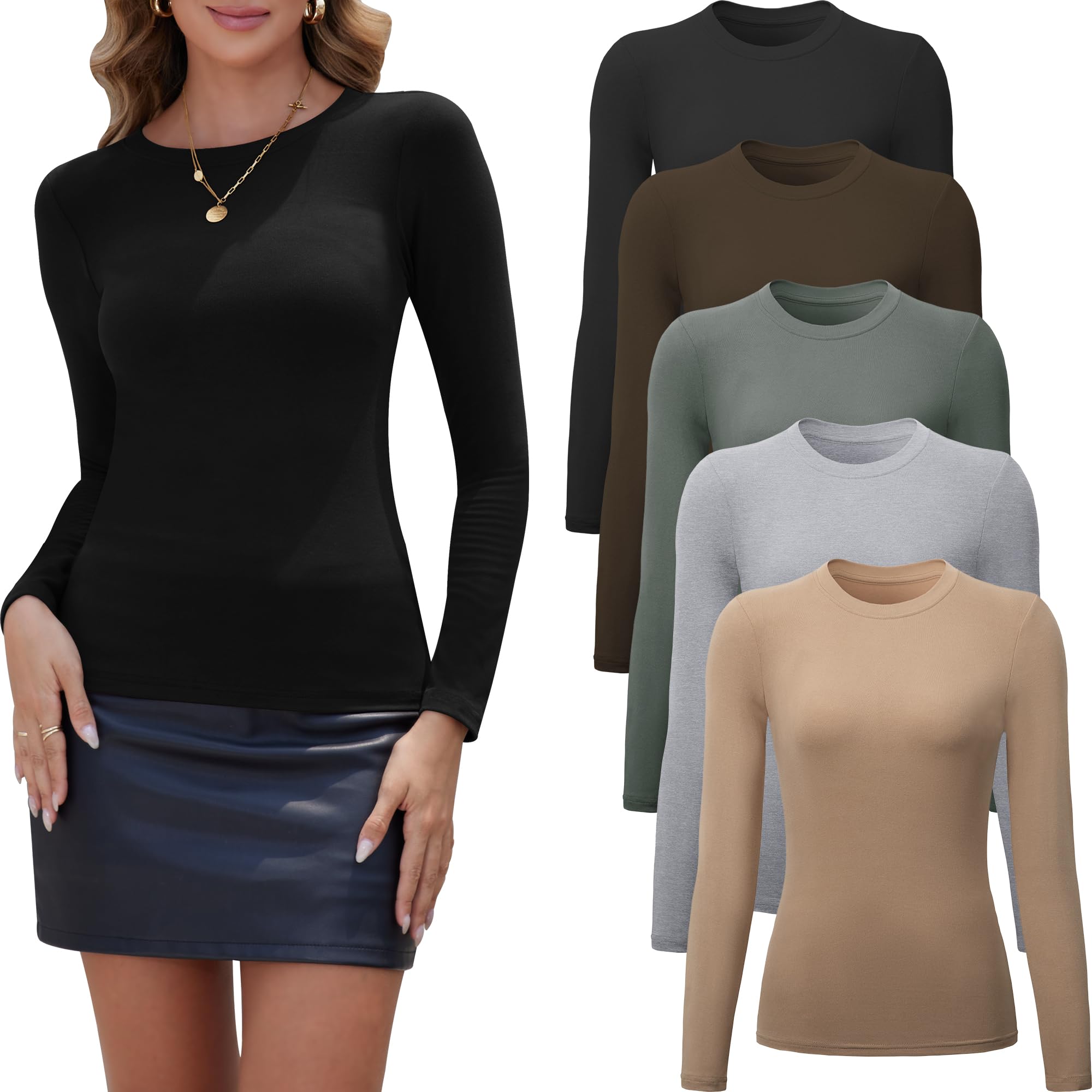 Lot de 5 hauts à manches longues pour femme - Manches longues extensibles - Col rond - Hauts basiques pour femme