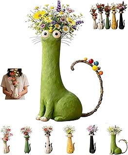 Handcrafted Quirky Resin Cat Vase, Whimsical Kitty Planter for Small Flower, Flower Vase Boho Shelf Decor Desk Ornament Gift for Cat Lovers (Green Sitting Posture)