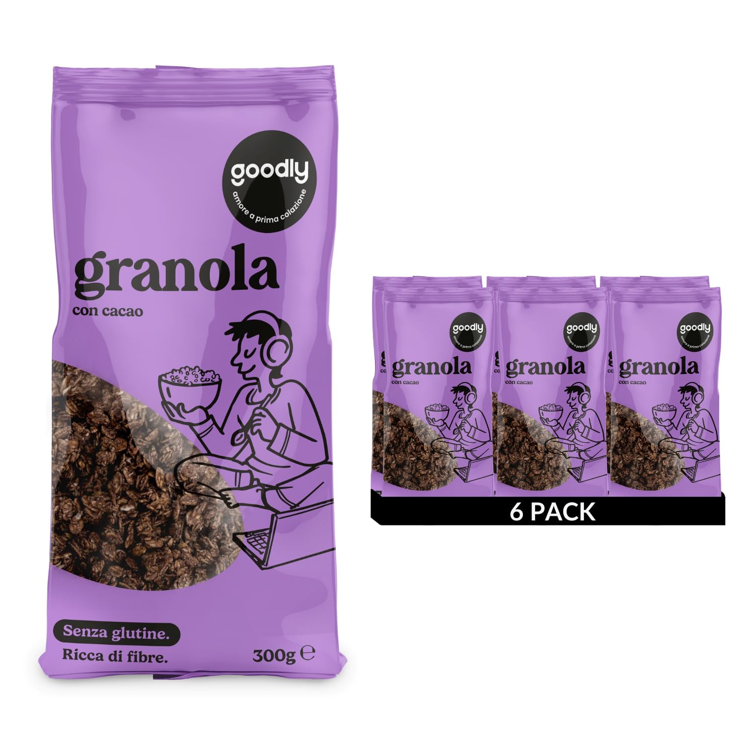 Goodly, Granola con Cacao, Senza Glutine e Zuccheri Aggiunti, Ricca di Fibre, 6x300 g