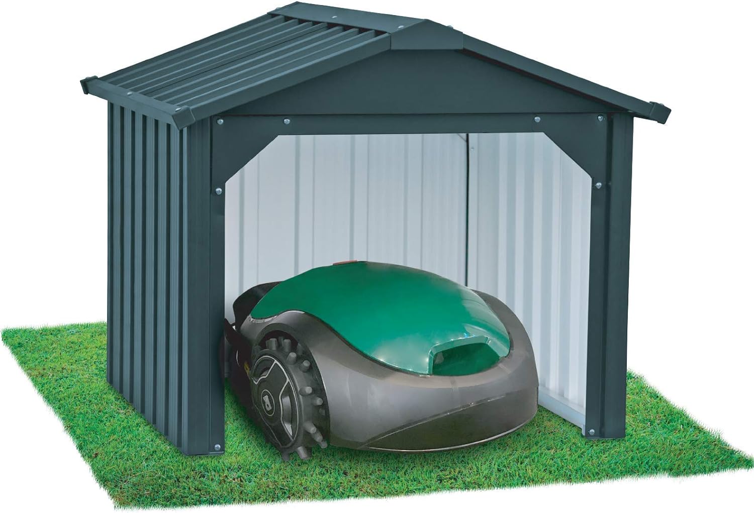 Duramax Robotic Lawn Mower Metal Garage, Closed Back, Protects Lawn Mowers & Battery Charging Stations, Made of Hot-Dipped Galvanized Steel, Weatherproof & UV-Protected Robot Lawnmower Carport