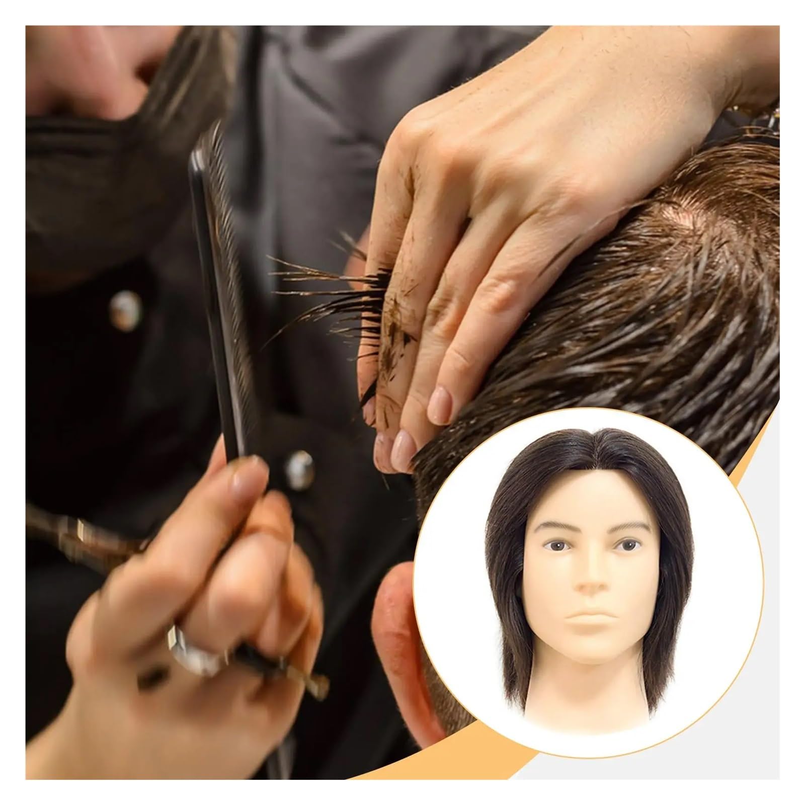 Męska Głowica Treningowa Fryzjerska Z Manekinem Prawdziwych Włosów Akcesoria Fryzjerskie Do Autentycznego Cięcia Modelu Trwałej Ondulacji(Height 28cm)
