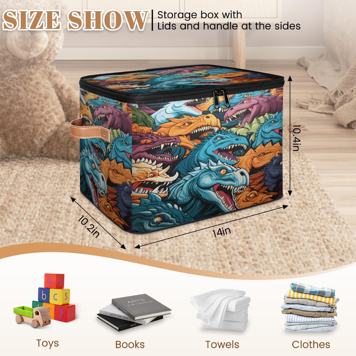 Storage Bin Set of 2 Colorful Dinosaurs Storage Basket with Zipper Lid & Handle Foldable Closet Shelf 2 Pack Cloth Organizer Basket Cube Bins Clothes Organizer for Bedroom, Nursery