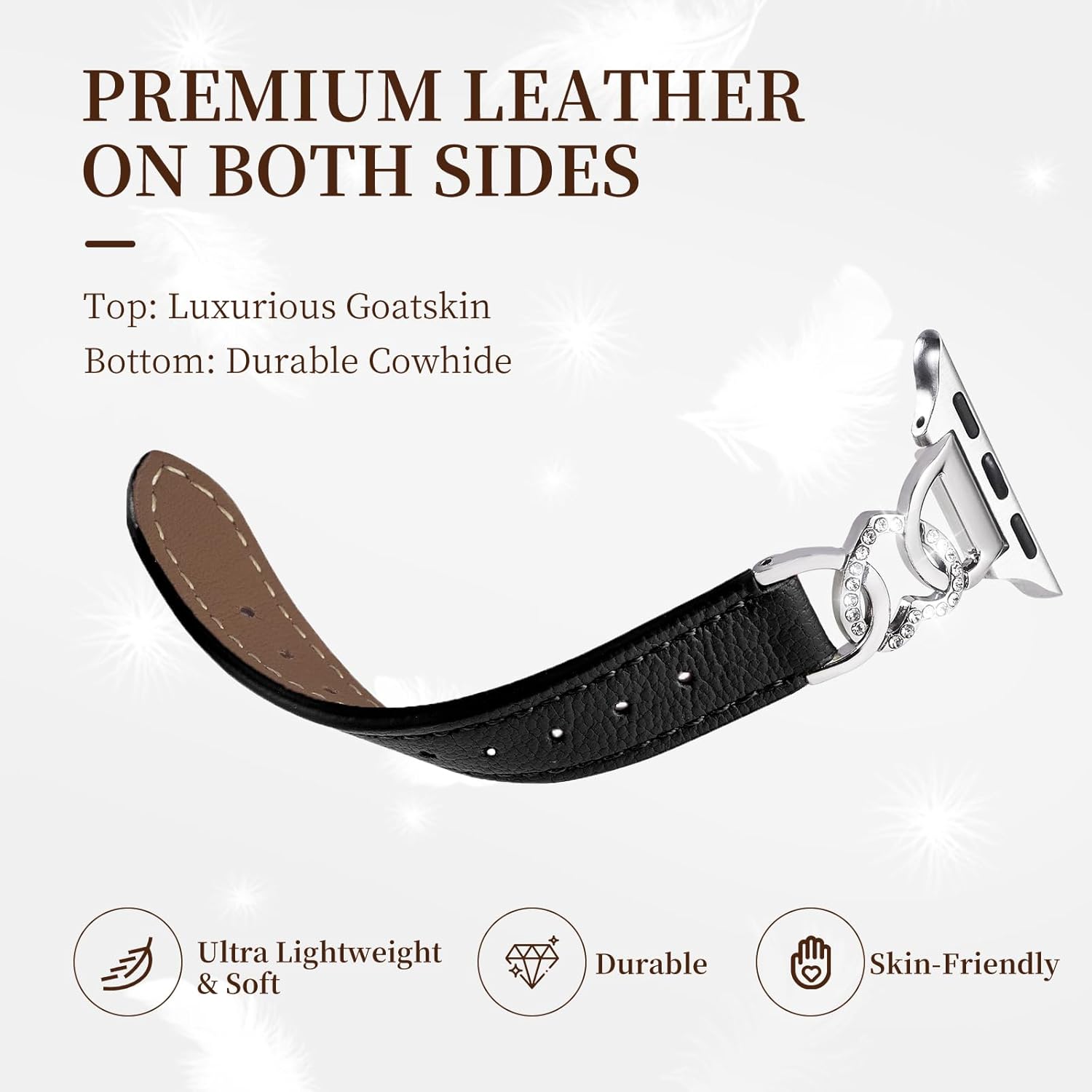 Slim Goatskin Leather Watch Bands for Apple Watch Series 11 10 9 8 7 6 5 4 SE 3 for Women, Exquisite Diamond Heart Metal Chain Leather Band for iWatch 42mm 41mm 40mm 38mm 46mm 45mm 44mm 49mm - Image 3