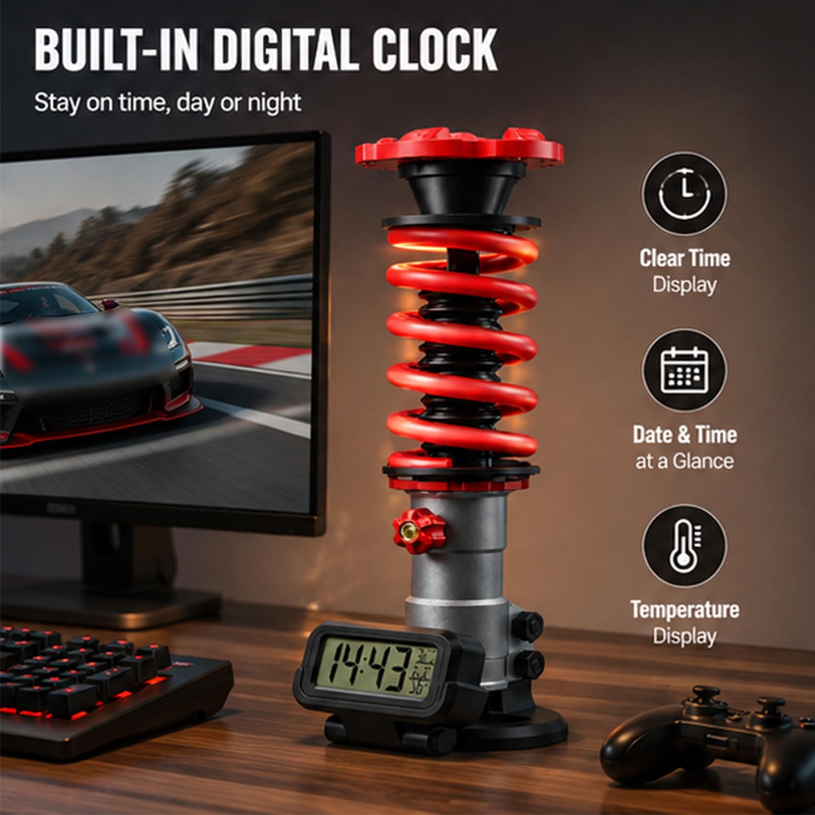 Lampada da tavolo con ammortizzatore stampato in 3D con orologio digitale, luce notturna a LED in stile industriale, tocco regolabile/3 colori chiari, luci ambientali per sala giochi fai da te, p red