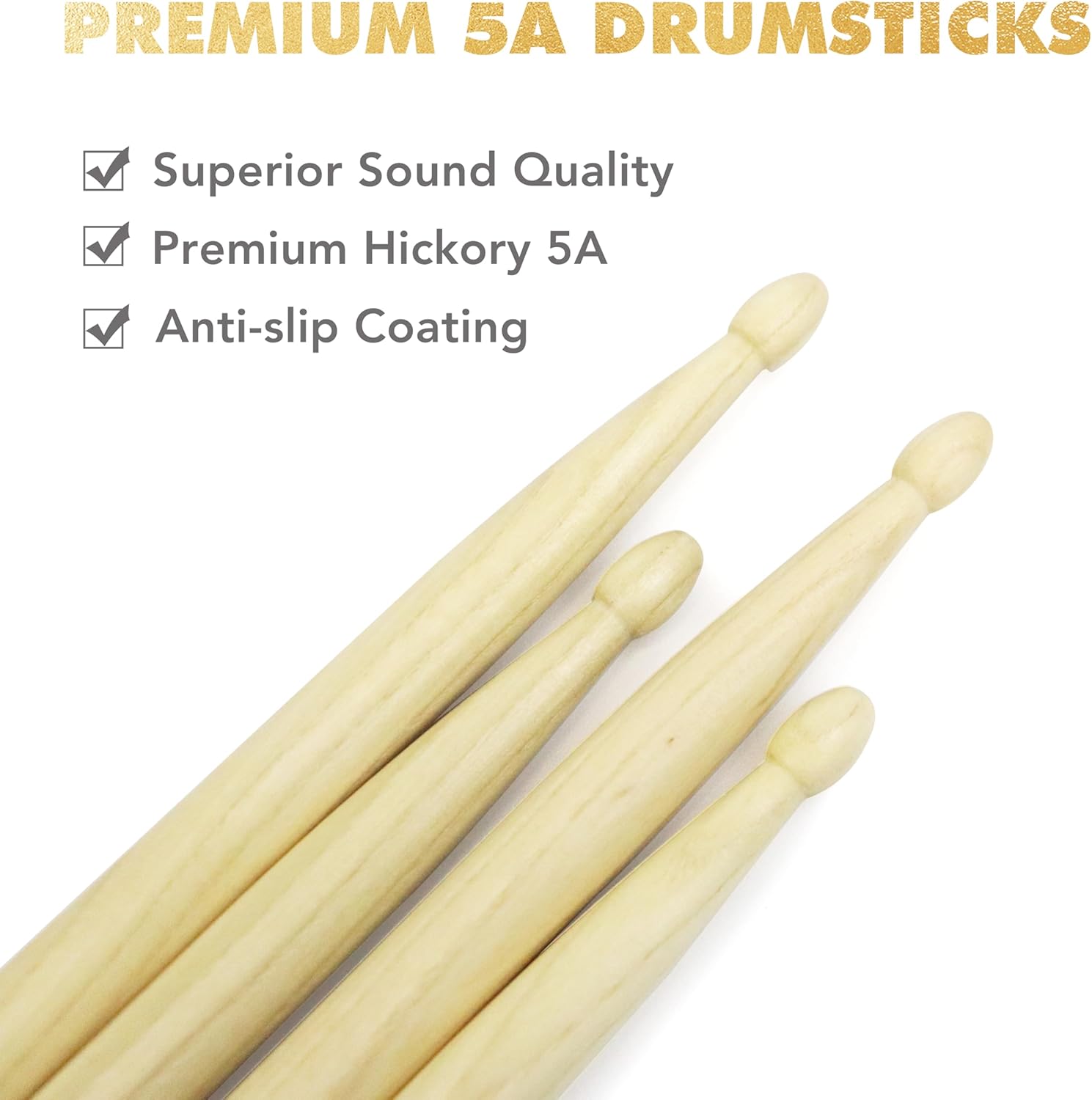 Hickory 5A Drum Sticks with Drumsticks Bag Set, 8 Pairs Wood Drumsticks with Wood Tip for Drum Set + Oxford Fabric with Crossbody Shoulder Strap Wear-Resistant Hangable Portable Drum Stick Bag