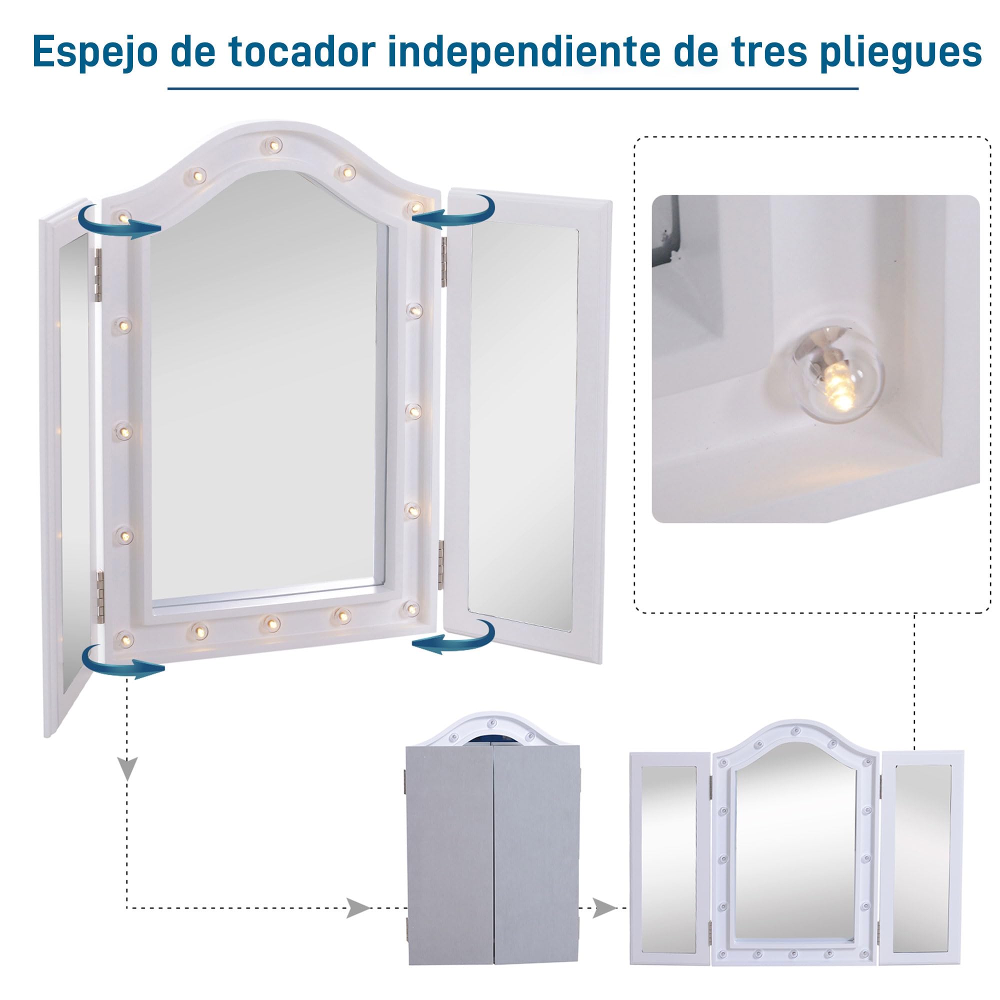 HOMCOM Espejo de Maquillaje con Luz LED Plegable Triple 73x53.5x4.5cm