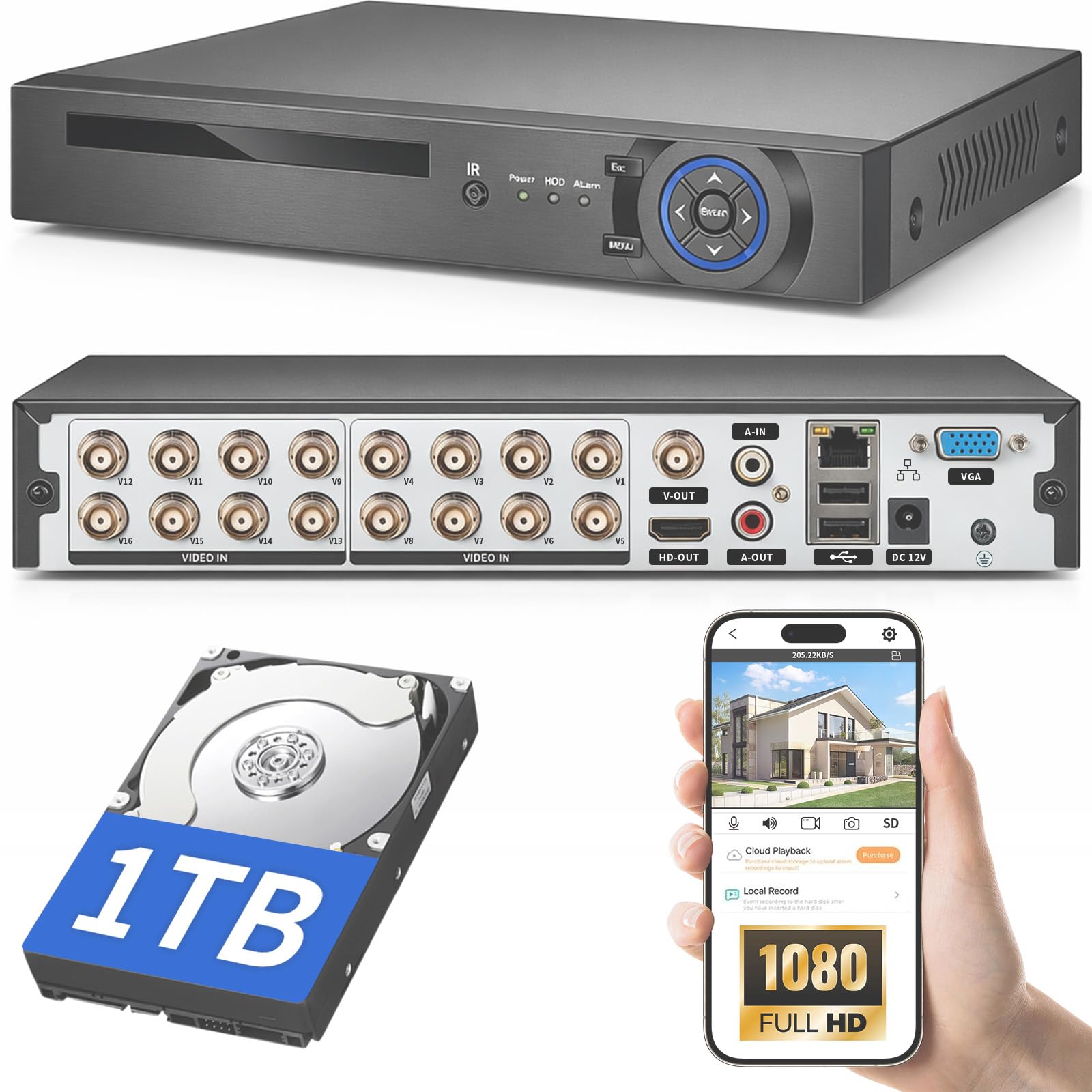 16 Channel CCTV Camera System Surveillance Video Recorder - Hybrid Security Video Recorder with 1TB Hard Drive, Supports 5MP/4MP/1080P AHD/TVI/CVI/IP Cameras, 5MP H.265+DVR, 24/7 Recording