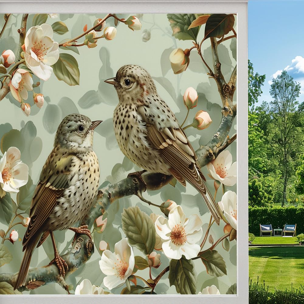 Branches Bird Stained Glass Window Film, Watercolor Animal Farmhouse Flower Peel and Stick Privacy Film, Frosted Adhesive Vinyl Decorative for Bathroom Windows Glass Doors, （45x60cm）