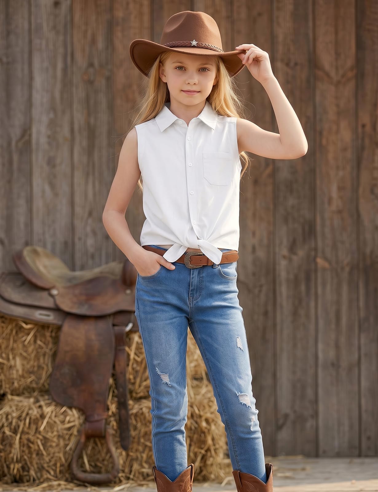 Spring&Gege Camicetta senza maniche da ragazza con orlo con nodo annodato casual tinta unita canotta per cowgirl estive stile occidentale per festival di musica country e uso quotidiano