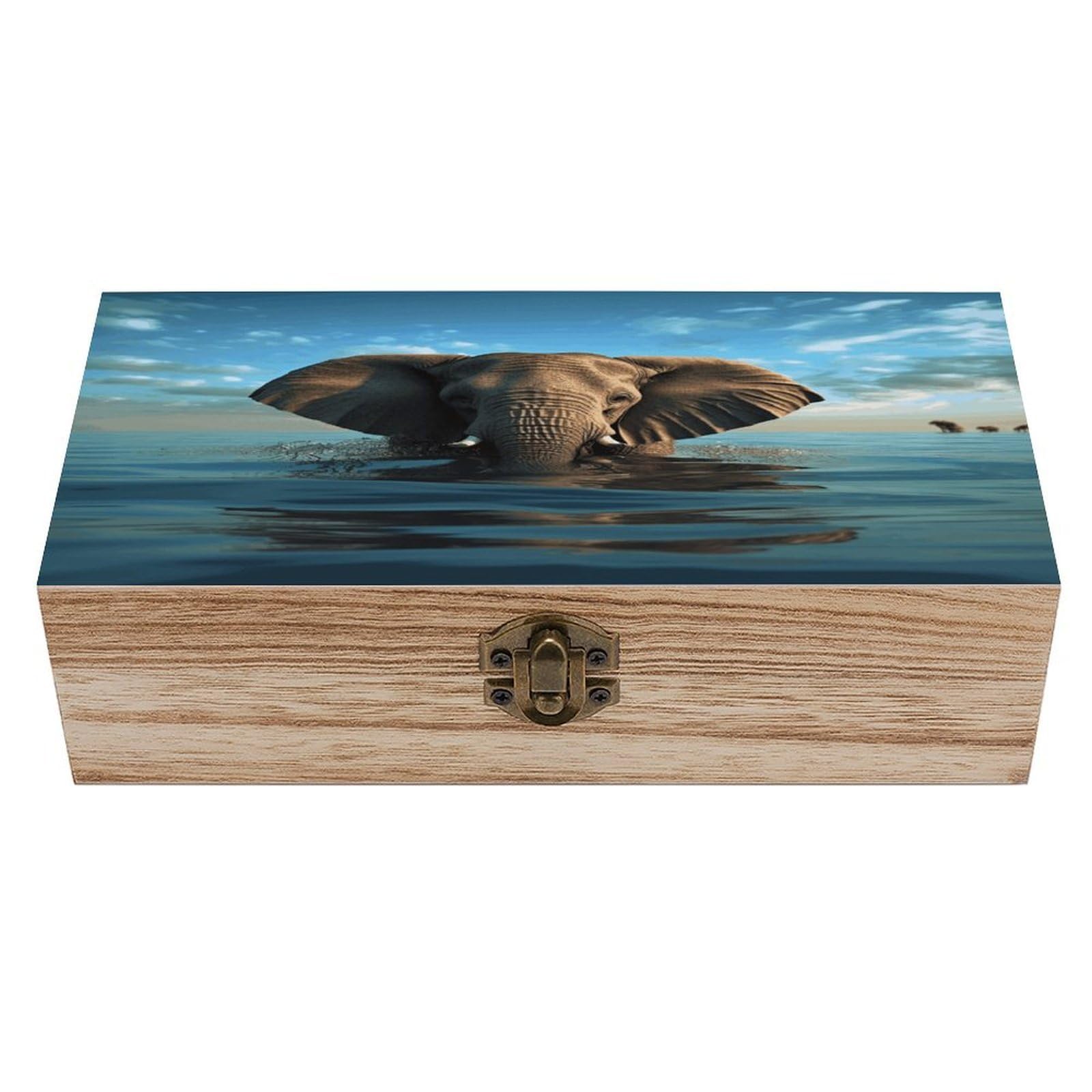JTREHY Elephant Is Sitting in The Water Wooden Storage Box Exquisite Durable Wood Gift Case Sturdy Vintage Jewelry Wooden Chest for Art Hobbies Storage Keepsake Gift