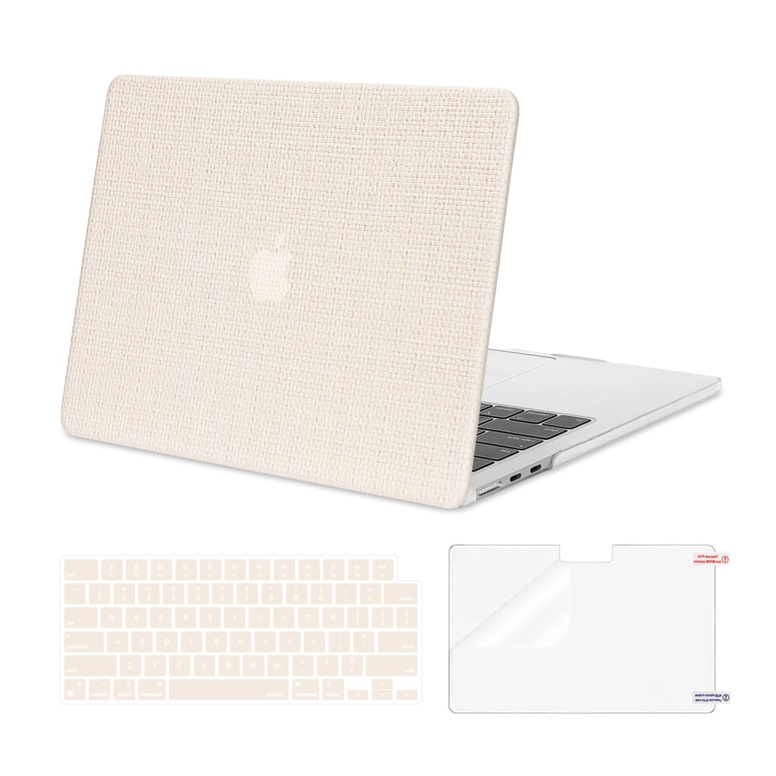 MOSISO Compatible with MacBook Air 13 inch Case 2025 2024 2023 2022 M3 A3113 M2 A2681, Woven Grid PU Leather Coated Plastic Hard Shell&Keyboard Cover&Screen Film for MacBook Air 13.6 inch Case, Beige