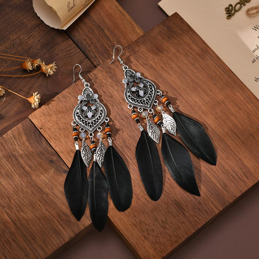 1Pairs Bohemian Feather Pendientes para Mujeres - Pendientes de Plumas de Plumas geométricas en Forma de corazón geométrica Bohemio, Aguja Curvada de Plumas étnicas cuidadas de Cuello Colgante ui
