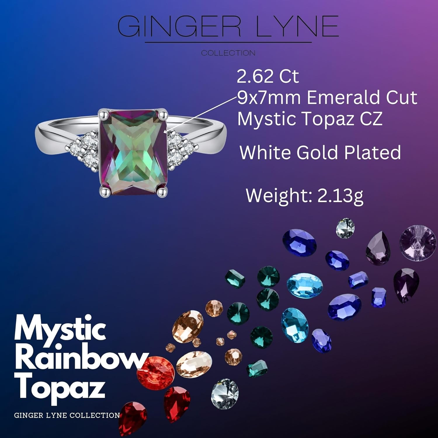 Ariella Engagement Ring for Women by Ginger Lyne | Birthstone Wedding Ring 2.62 Ct Mystic Rainbow Emerald Cut Cubic Zirconia Statement Cocktail Ring for Her | White Gold Plated, Multicolored Gemstone