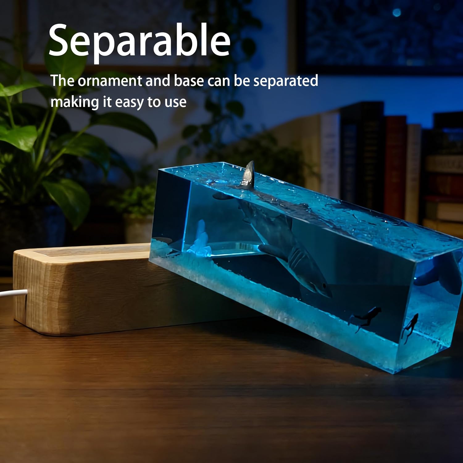 Handcrafted Ocean Scene Resin Art lamp with Wood Base, USB Power,Gift from the sea,Shark Night Light,Blue Epoxy Resin Decor (Shark)