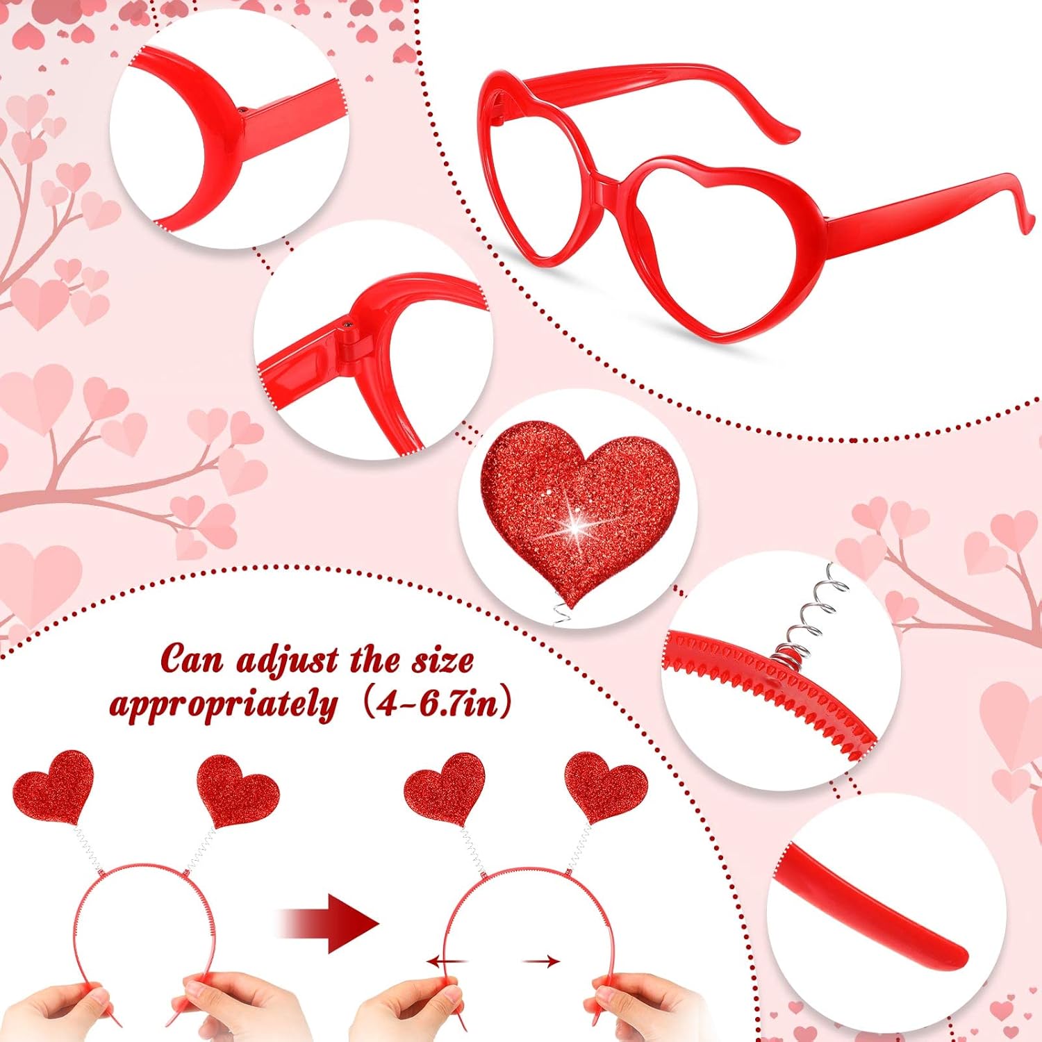48 Pcs Valentine's Day Party Accessories Set, 24 Heart Headbands + 24 Heart Glasses, Bulk Galentine Party Favors for Women, Valentines Photo Booth Props for Wedding