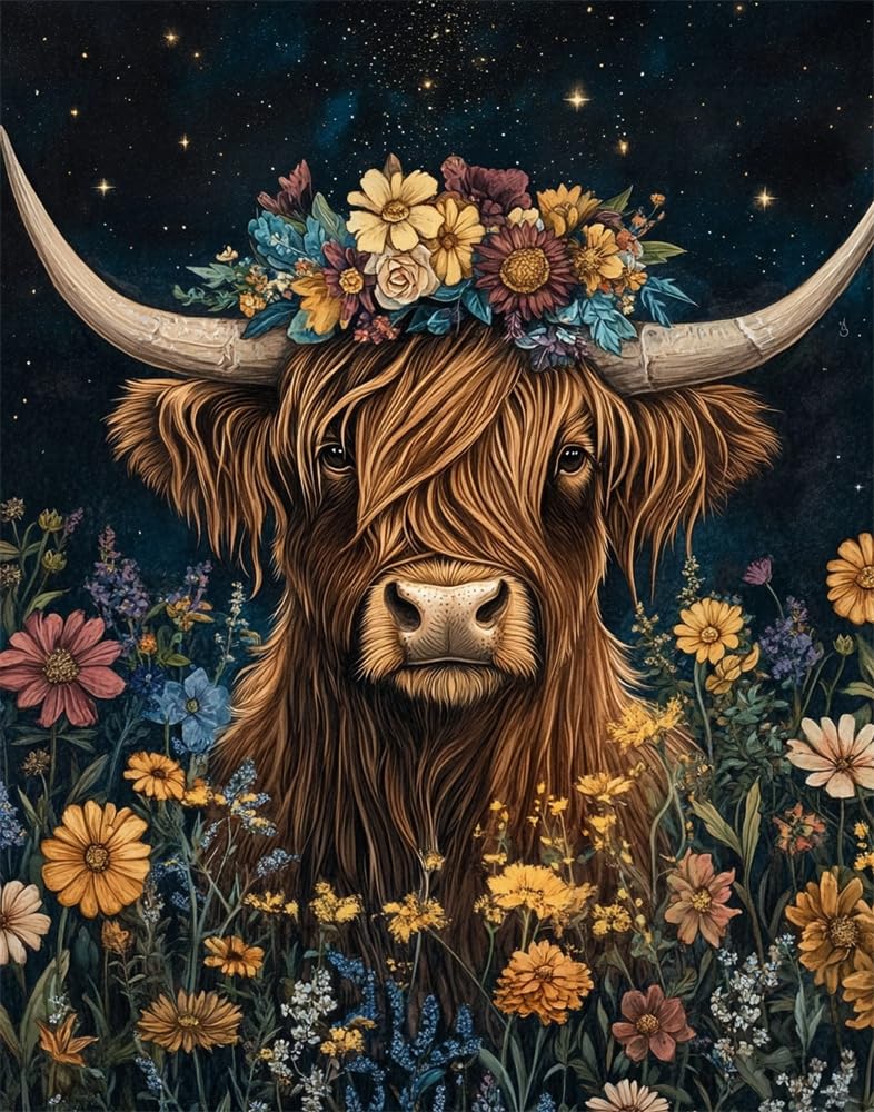 Henypt 11Ct DIY Stamped Cross Stitch Kits for Adults Highland Cattle Wearing A Floral-Wreath Hat Cross Stitch Kits Landscape Oil Painting Cross-Stitch Kits Counted Embroidery Kits for Adults