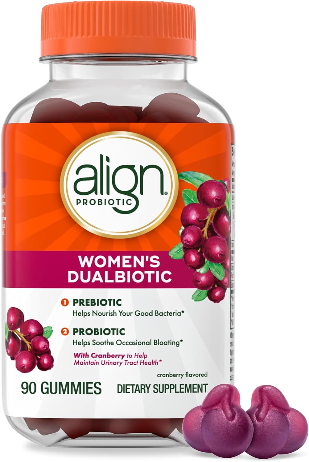 Align Probiotic, Women’s Dualbiotic, Womens Probiotic Gummies, Prebiotics and Probiotics for Women, with Cranberry for Urinary Tract Health*, Cranberry Flavor, 90 Gummies