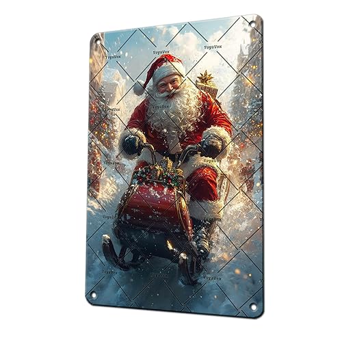 YoyaVex Christmas Metal SignSanta Claus Rides Motorcycle Sign 12x8 Inch