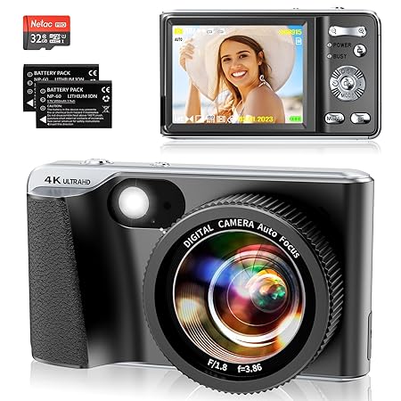 Vmotal 4K Digital Camera,Auto Focus 48Mp Vlogging Camera For Youtube And Anti-Shake Video Camera With 3'' Tps Screen, Flash,18X Zoom Travel Portable Digital Camera With 32Gb Card,2 Batteries (Black)