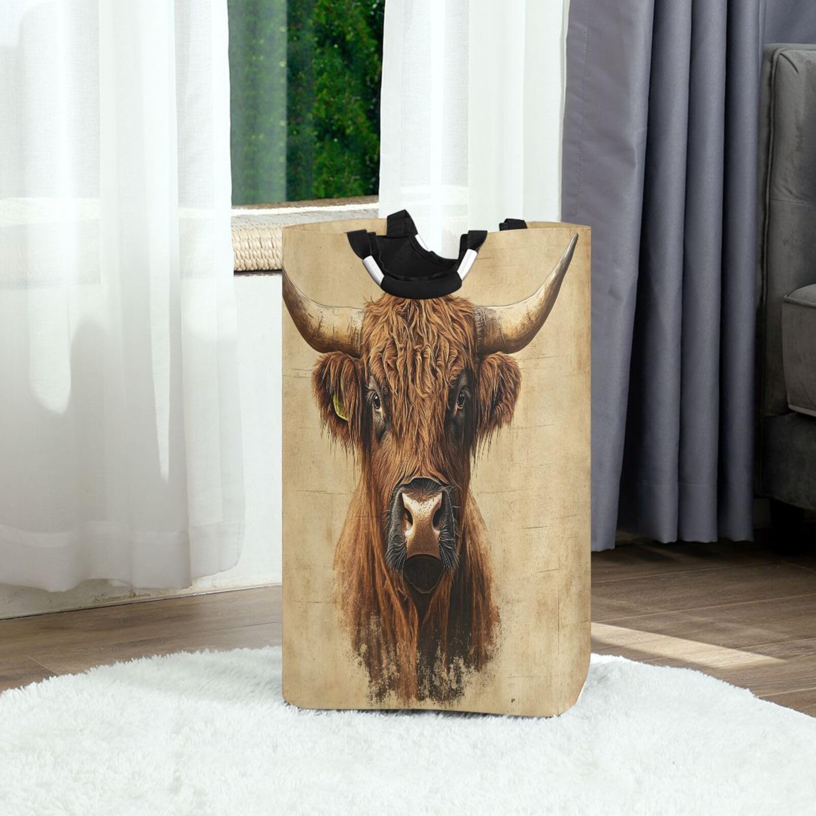 Jihqo Laundry Hamper Basket Vintage Highland Cow Collapsible Nursery Storage Bin Waterproof Clothing Baskets for Home Bedroom Bathroom Washing Room