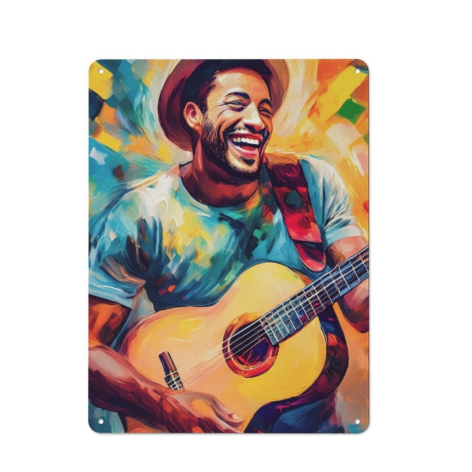 Junmoney Smiling Guitarist Painting Metal Wall Art Sign 40X30cm, Old Fashioned Nostalgic Wall Art For Living Room, Hallway, Kitchen Or Cafe