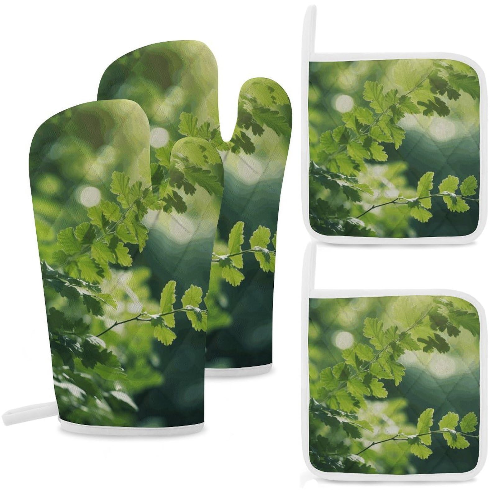 Green Tree Background Oven Mitts and Pot Holders Sets Heat Resistant Oven Glove with Hanging Loop for Baking Cooking BBQ Thicken Potholders for Kitchen