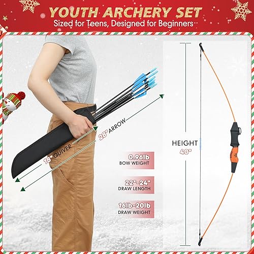 Vista 11 de 40" Youth Bow and Arrow Set for Kids 8-12 & Teens - Ambidextrous Recurve Archery Gear with Safety Arrows - Toys for Ages 8-13, Backyard Games Gift