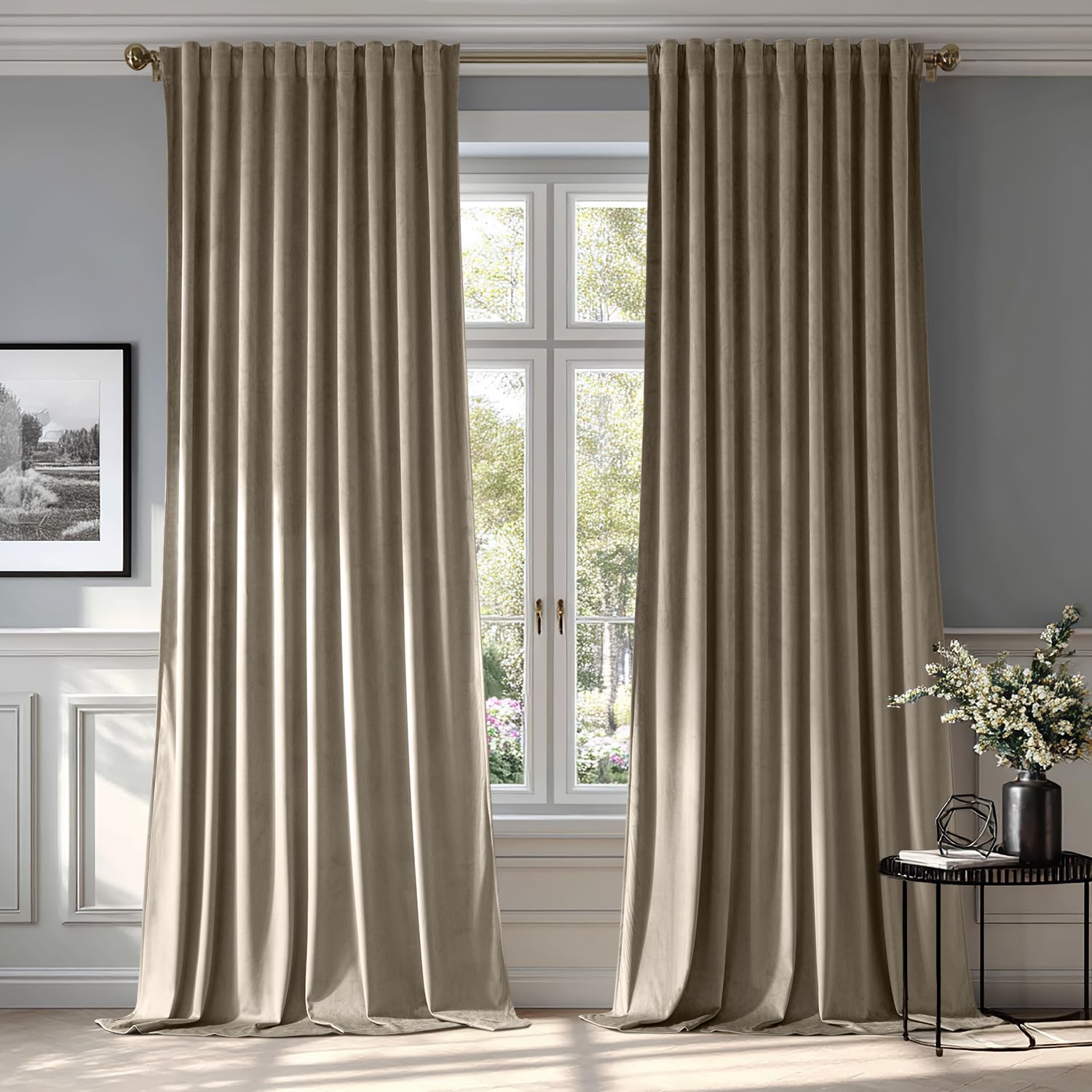 MIULEE Taupe Velvet Curtains 52x96 inches Luxury Blackout Curtains | Thermal Insulated, Super Soft Window Drapes for Bedroom Living Room, Rod Pocket & Back Tab