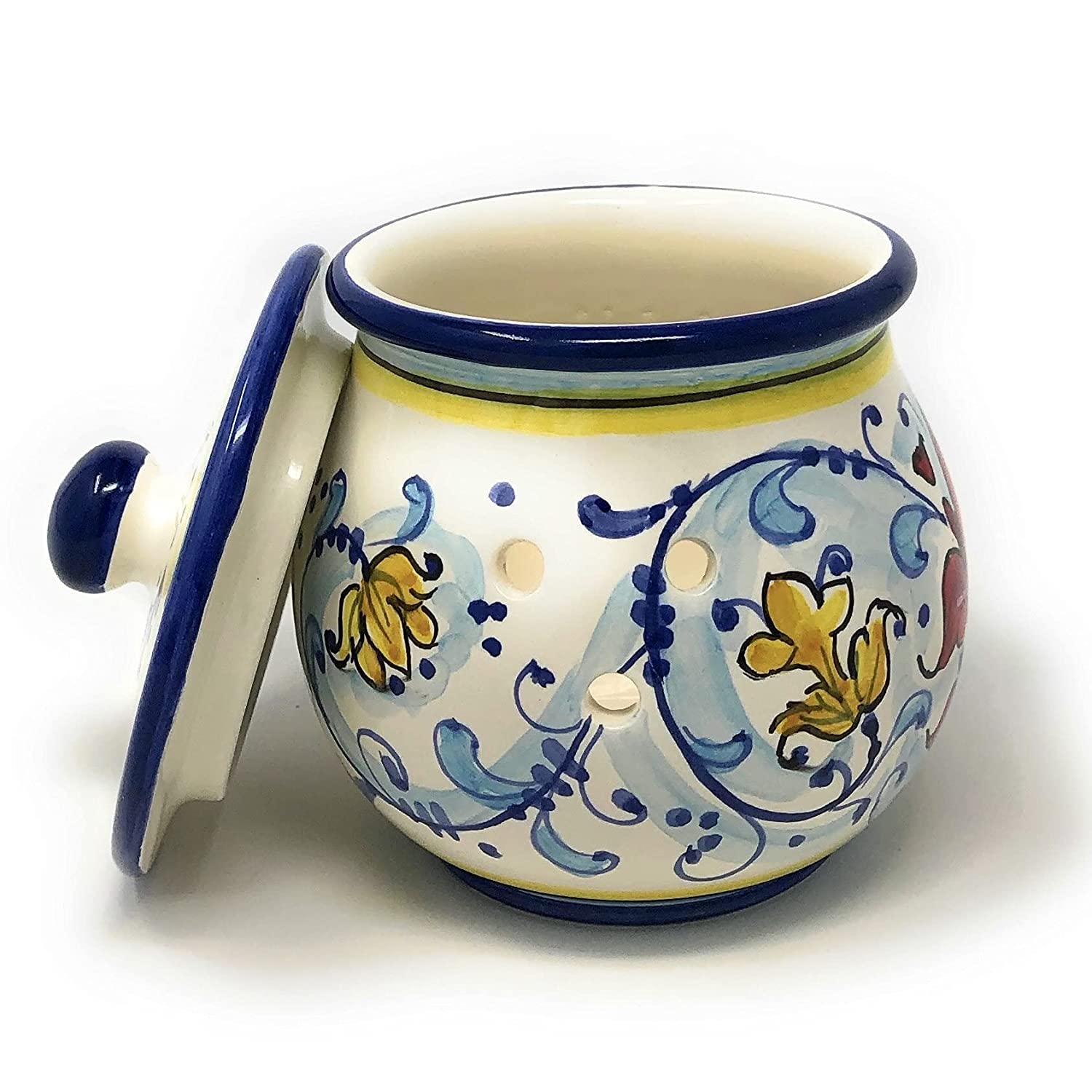 CERAMICHE D'ARTE PARRINI- Italian Ceramic Art Pottery Brings Garlic Jar Holder Hand Painted Pattern Lily Florence Tuscany Made in ITALY