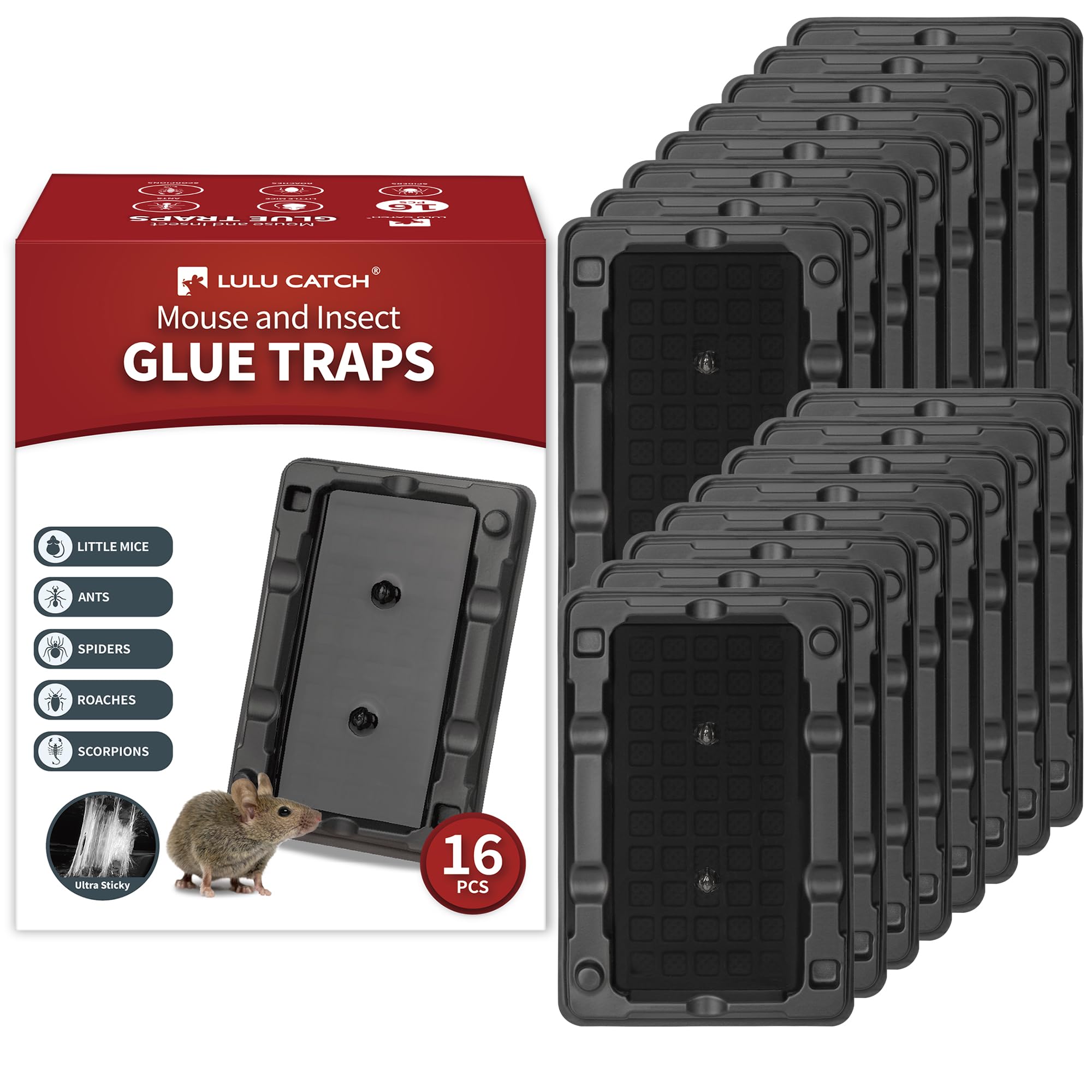 LULUCATCH Mouse &amp; Insect Traps 16 Pack, Heavier Sticky Traps with Non-Toxic Glue for Small Mice &amp; Insects. Sticky Mouse Traps Indoor for Home, Easy to Set