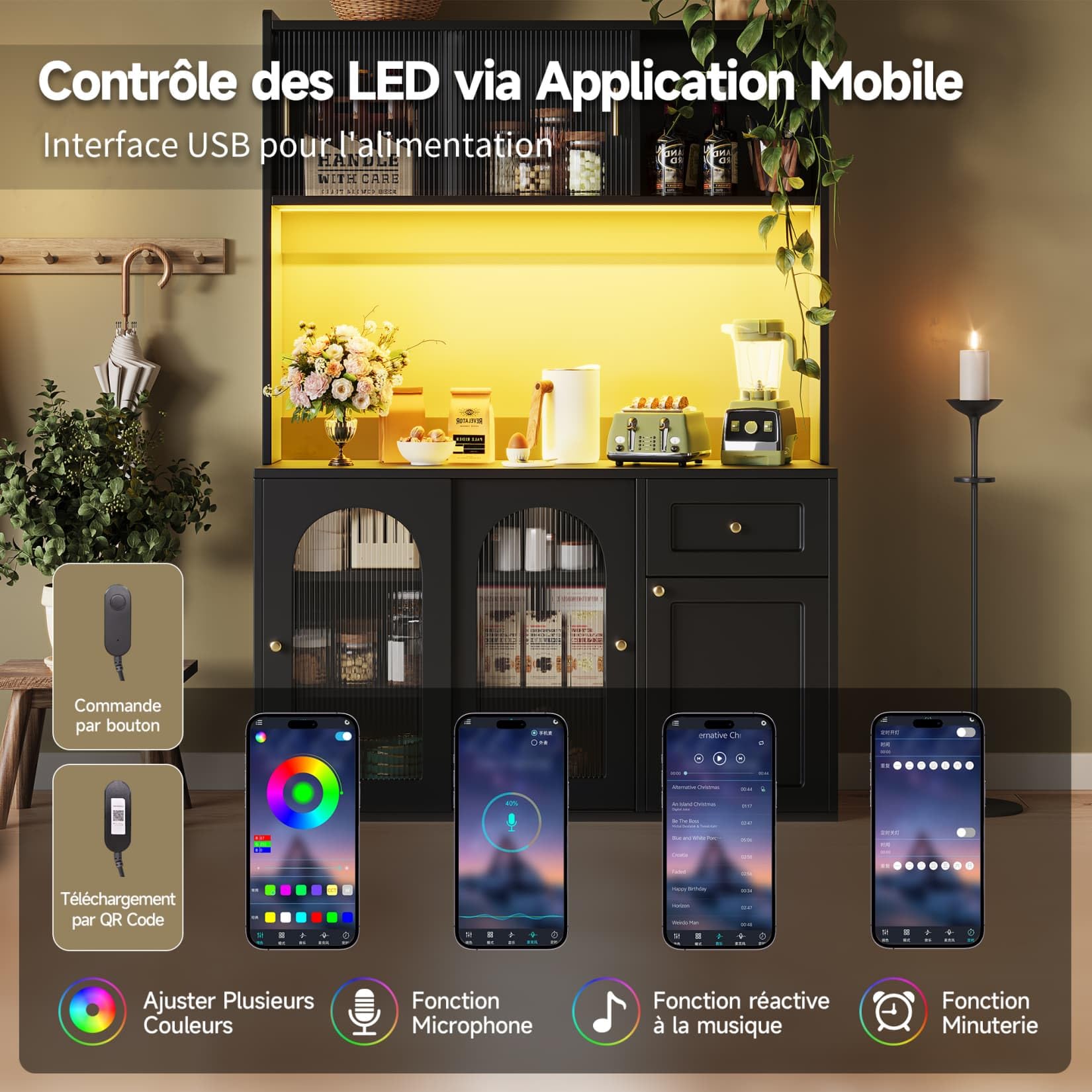 PUGSDRLY Buffet de Cuisine avec éclairage LED,Vitrine,Meuble de Rangement avec étagères réglables et Porte coulissante en Verre,Buffet Haut pour Cuisine,Salon et Salles à Manger,120x35x167cm (Noir-C)