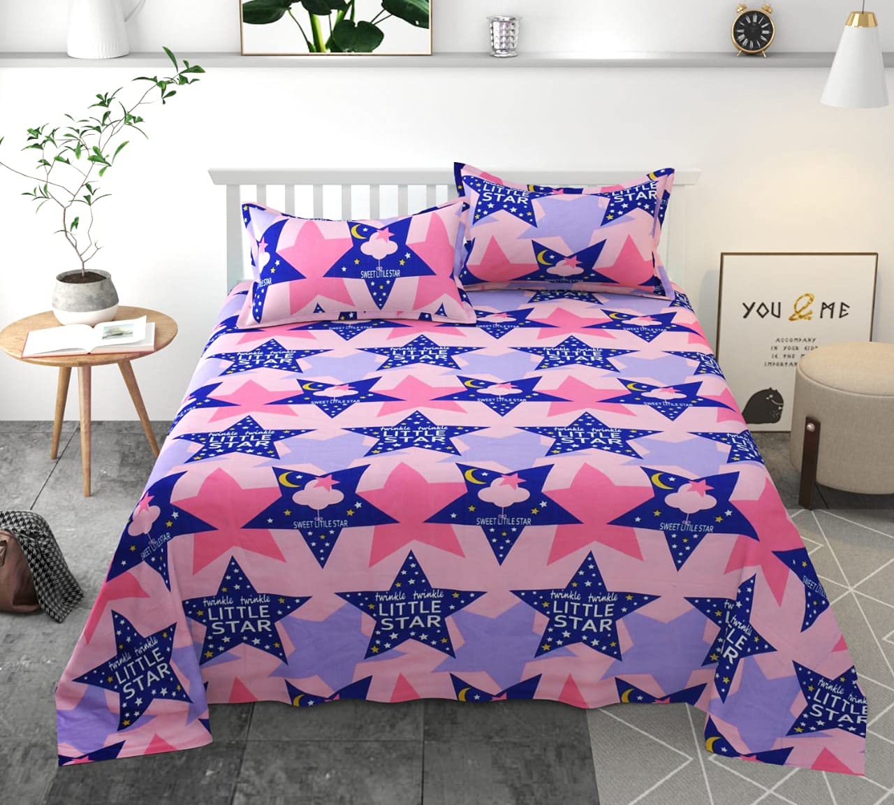 TIB Cotton Feel Polycotton King Size Bed Sheet with 2 Pillow Covers,90X100 Inches (Star)