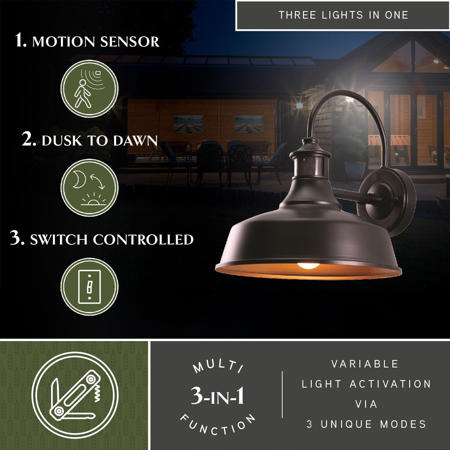 Diagram illustrating three light functions: Motion Sensor, Dusk to Dawn, and Switch Controlled.