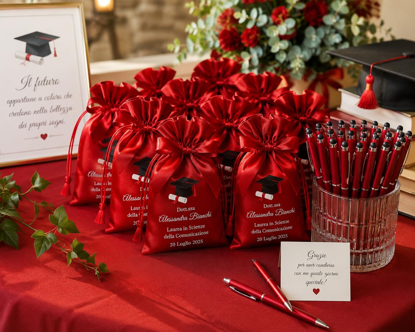 Cormar Kit Bomboniere Laurea Personalizzate, Rosso, 12 Sacchetti in Raso con 12 Penne Personalizzate, Nome, Facoltà e Data (STILE 3)