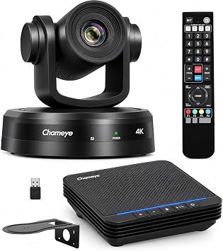 Chameye 4K PTZ Conference Room Camera 10X Optical Zoom and Bluetooth Conference Microphone, AI Auto Tracking, USB3.0 Plug and Play 4K HDMI PoE TF-Recording for Hybrid Meeting Small Church, C410+S4
