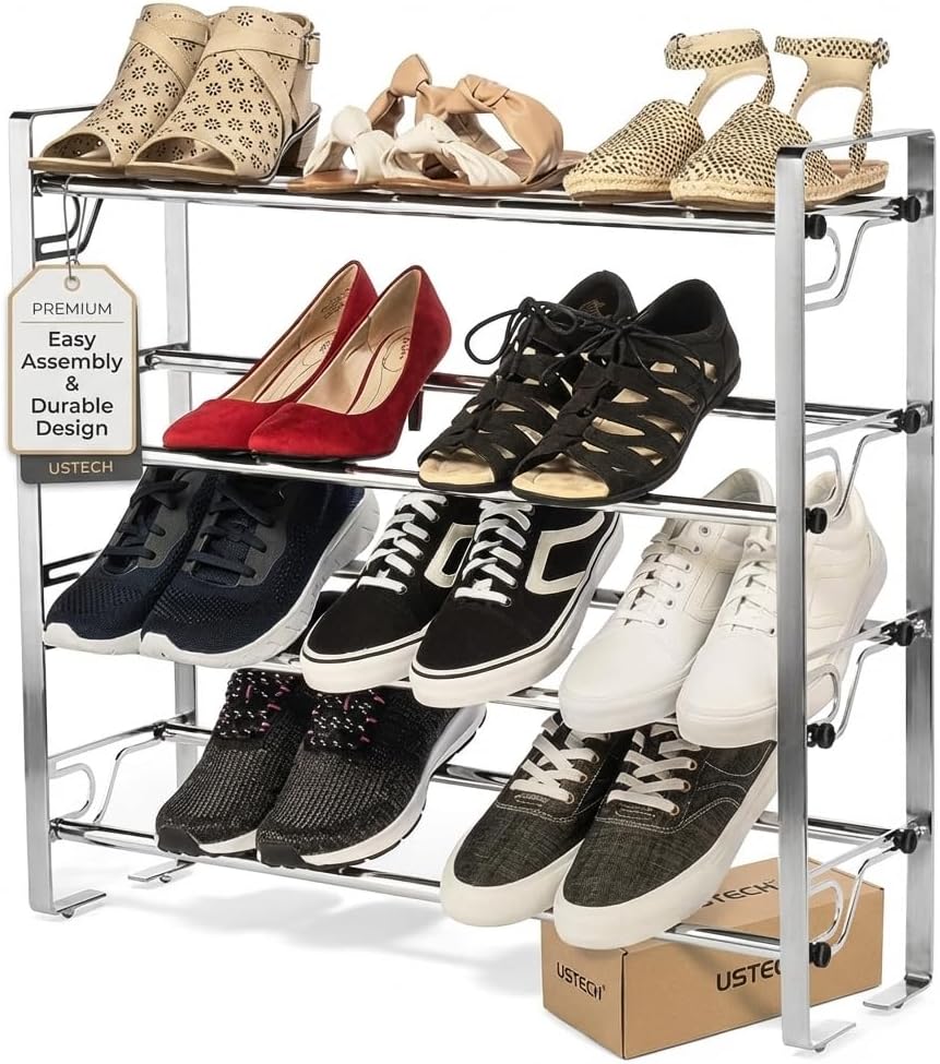 USTECH Free Standing 4-Tier Shoe Rack, Large Capacity Easy to Assemble Shoe Organizer for Closet, Bedroom & Entryway, Space-Saving Free Standing Shoe Storage Shelves, Closet Shoe Rack Organizer