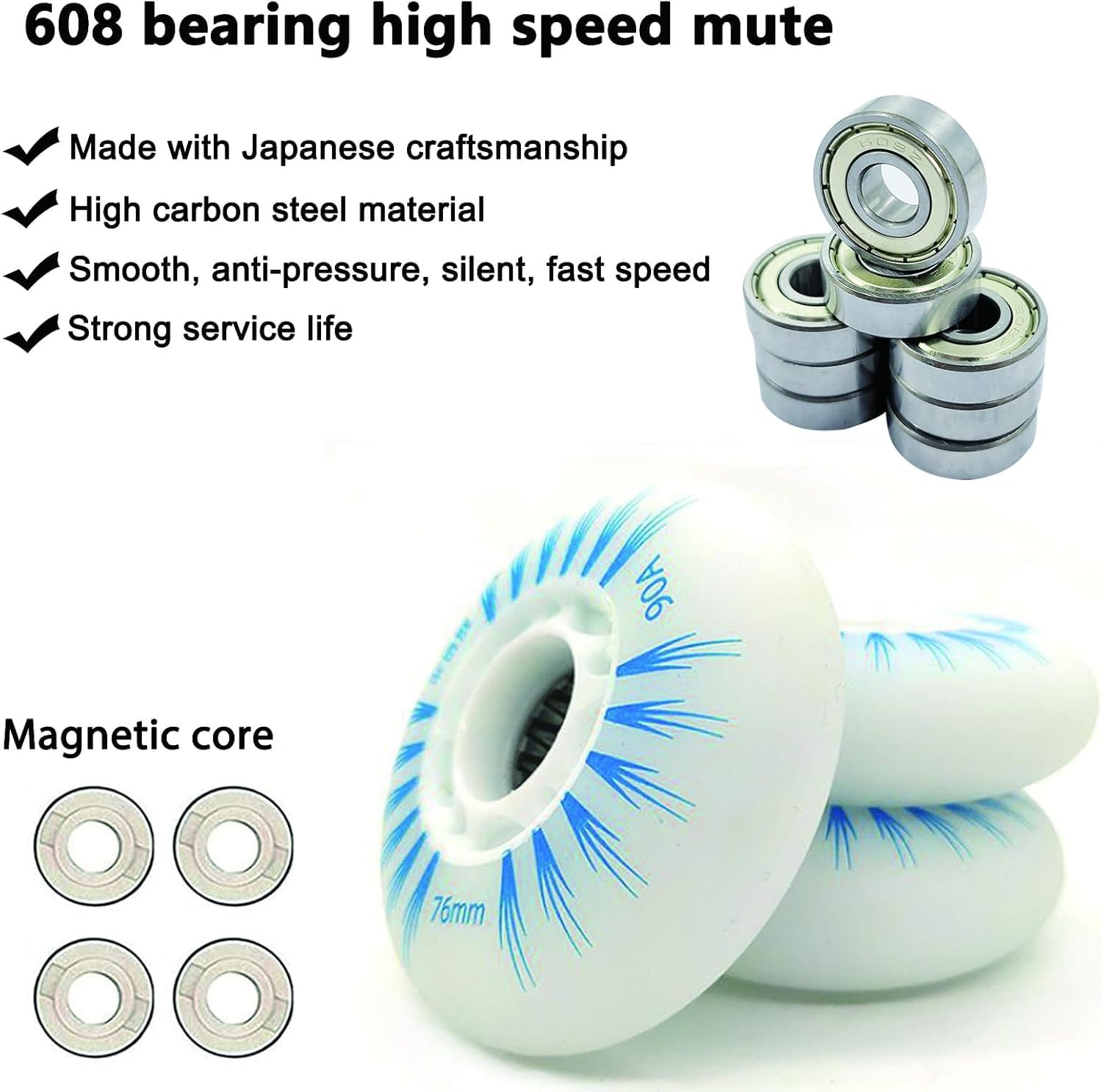 LED-Leuchträder für Inlineskates mit magnetischem Kern und Lagern, für den Innen- und Außenbereich 90A Lumineszenz Rollschuhräder, 8er-Pack (Grün, 90 mm)