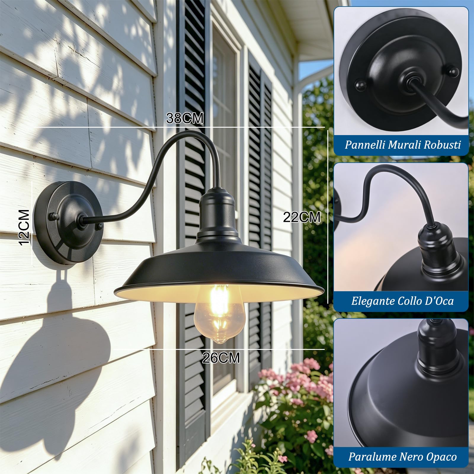 4 Pezzi Applique da Parete per Esterni retrò Lampada da fienile a Collo di Cigno in Ferro Lampada da Parete per Portico Vintage da nero Lampada da Garage Impermeabile antiruggine