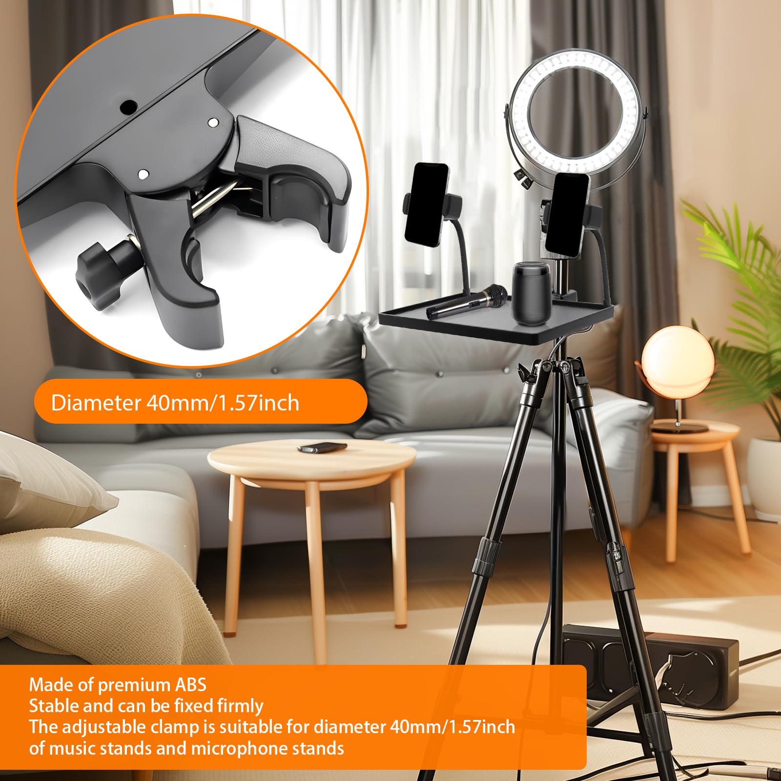 Soporte de micrófono soporte de micrófono clip ajustable con soportes para teléfono celular - práctico soporte para estudio en vivo, partición y grabación de podcast (dos soportes de teléfono)