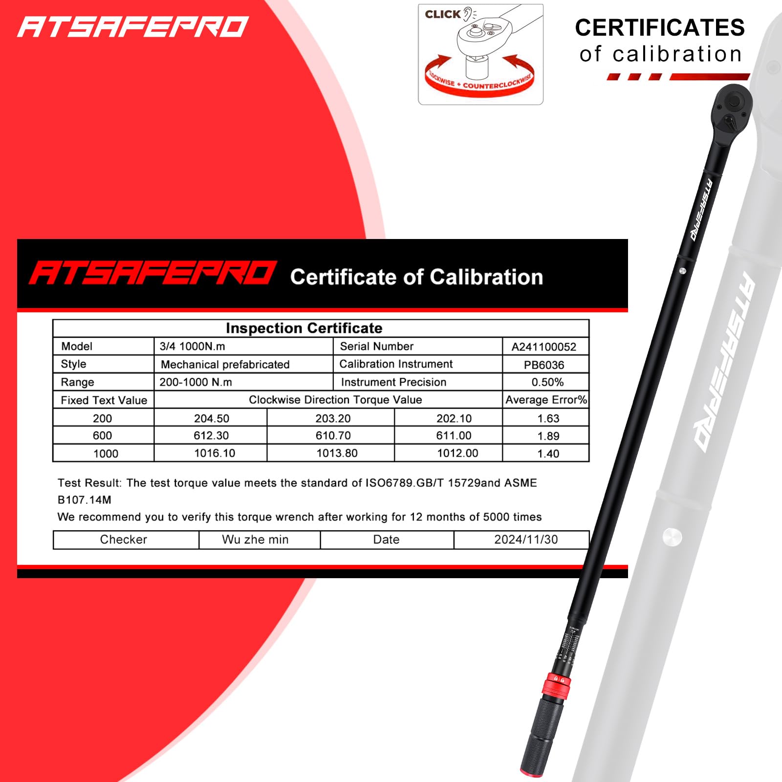 ATsafepro 3/4 calowy klucz dynamometryczny, 200-1000 Nm, ±3% dokładność, 48,zębowy dwukierunkowy regulowany ratel z certyfikatem kalibracji - do ciężarówek, traktorów i maszyn przemysłowych