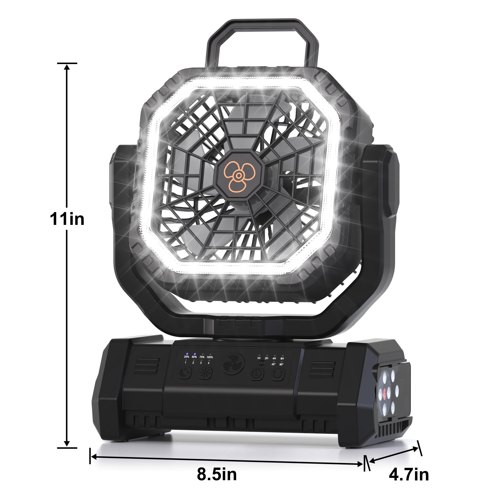 Ventilatore portatile ricaricabile, 20000 mAh, senza fili, alimentato a batteria, con luce LED e telecomando, 4 velocità di vento, timer, USB C, gancio per appendere a 360°, ventole oscillanti per