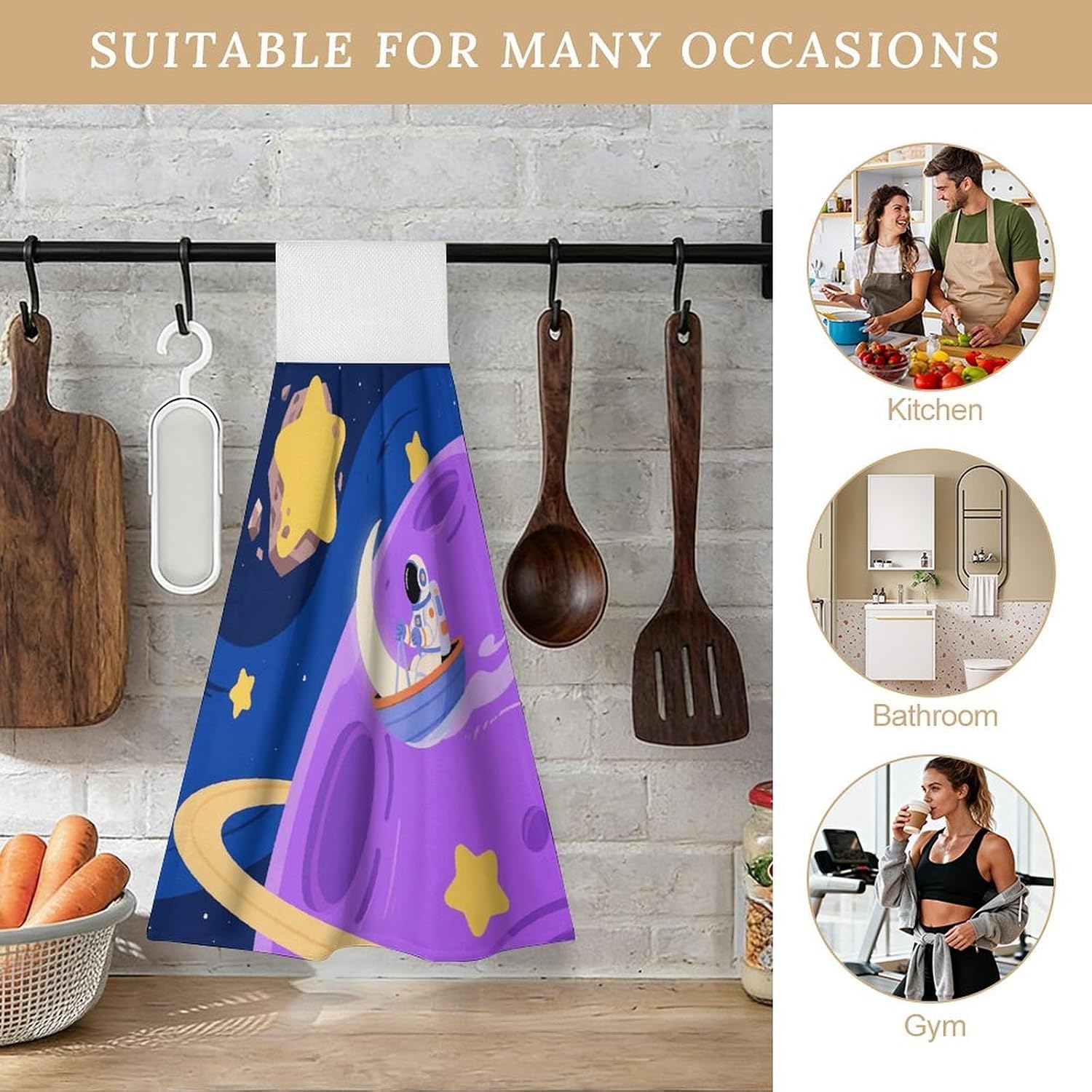 Hanging Kitchen Towels - Colorful Planet Kitchen Tie Towel, Set of 2 Hand Dish Cloth with Hanging Loops 12.6 X 19.1 Inches, Absorbent, Super Soft, and Fast Drying Home Essential image 4