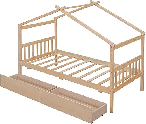Miniatura 207 de Merax Cama de madera de tamaño matrimonial con nido, marco de cama de madera con techo para niños, adolescentes, niños o niñas, color blanco