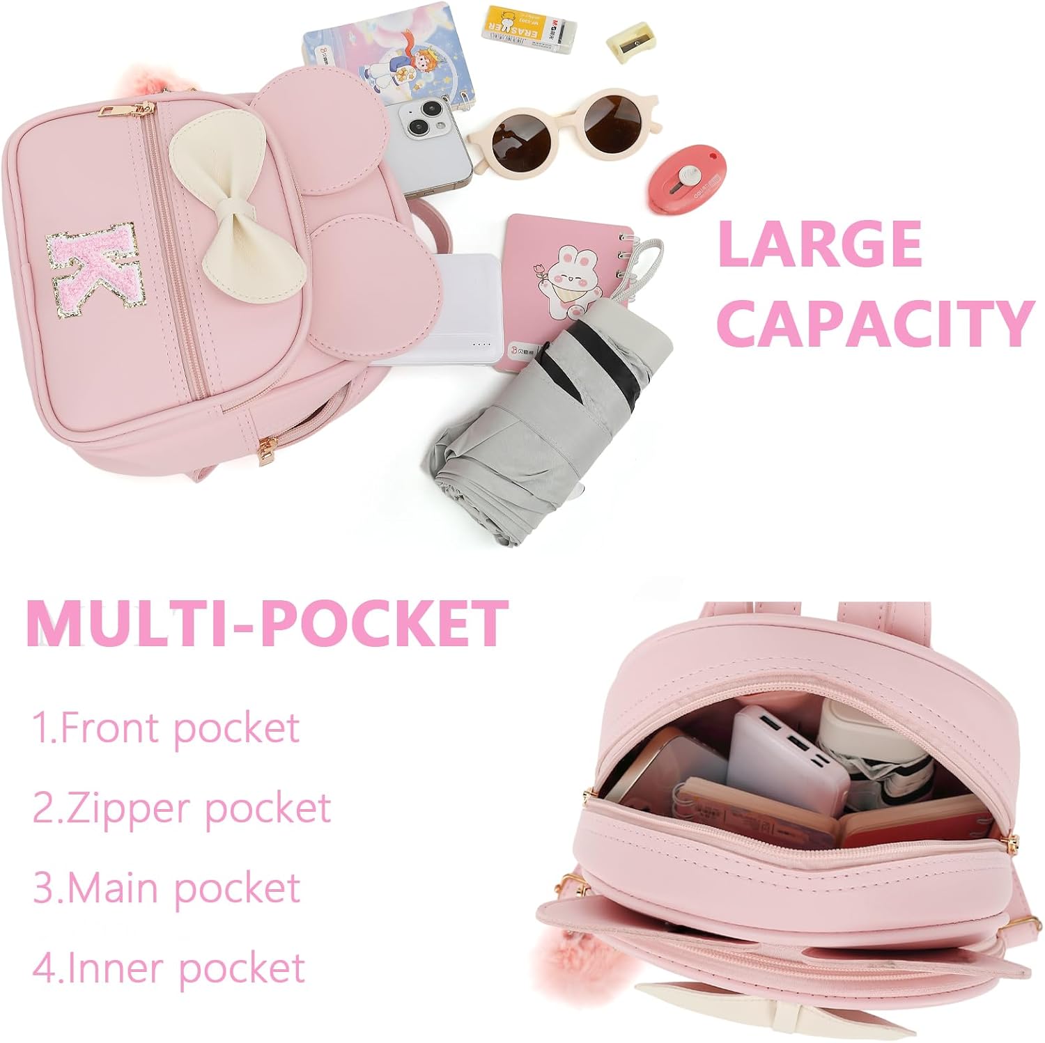 Initial Mini Backpack for Girls Toddler Kids, Small Mouse Personalized Bowknot Purse Gift (Pink K) - Image 5
