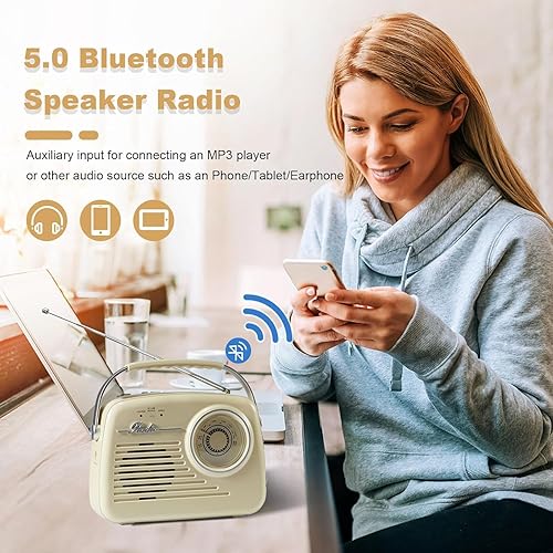 Miniatura 6 de Radios AM FM portátiles, funciona con pilas y enchufe de pared para el hogar, al aire librecocina, radio retro vintage con Bluetooth, esfera grande,