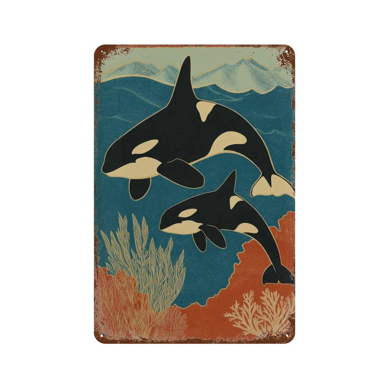 xiaoxiaoshen Orca Whale Retro Ocean Marine Life Killer Underwater Wildlife Nautical Sea Wall Decor Art Metal Tin Poster Modern Home Decor Art Home Bar Shop Decorations Vintage Sign 30x20cm