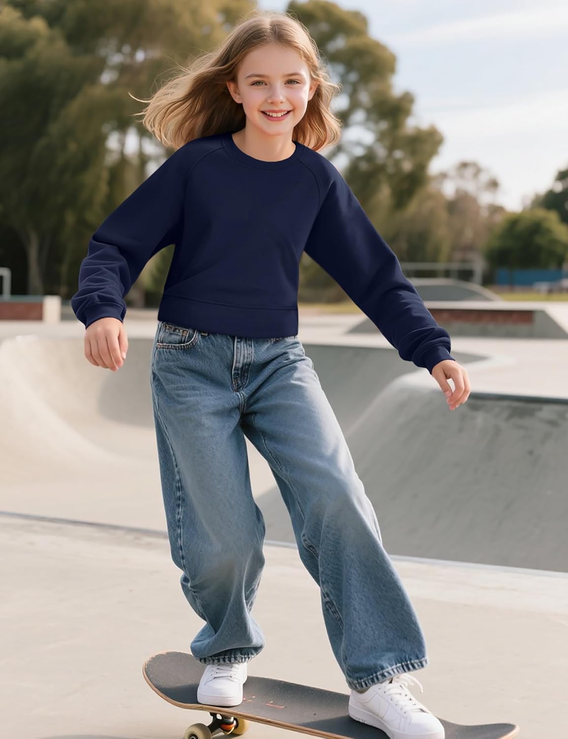 JOCMIC Girls Crewneck Sweatshirt, Long Sleeve Plain Shirts Crop Tops with Thumbholes for Teens Youth - Image 7