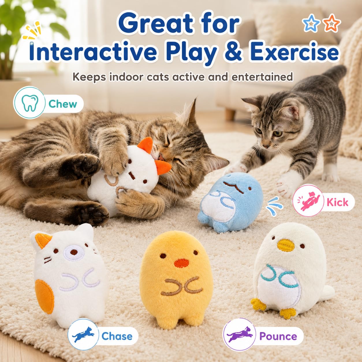 Lot de 6 jouets interactifs en peluche à mâcher pour chat d'intérieur - Jouets à mâcher - Soulage le stress - Cadeaux pour les amoureux des chats