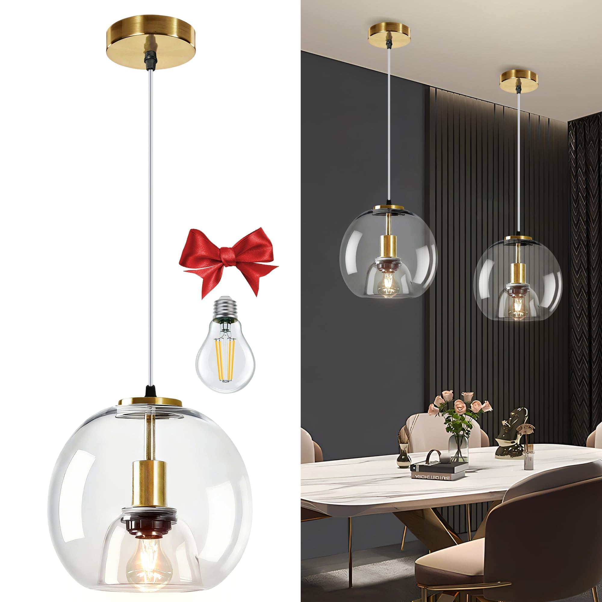 Bravsekai Glass Pendant Kitchen Island Light, 1 Pack Clear Glass Pendant Lighting fixtures with Extra 2 Bulbs,Adjustable 150cm Cord, Modern Light for Kitchen Island,Dining Room(23cm, 1-Pack) — image 1